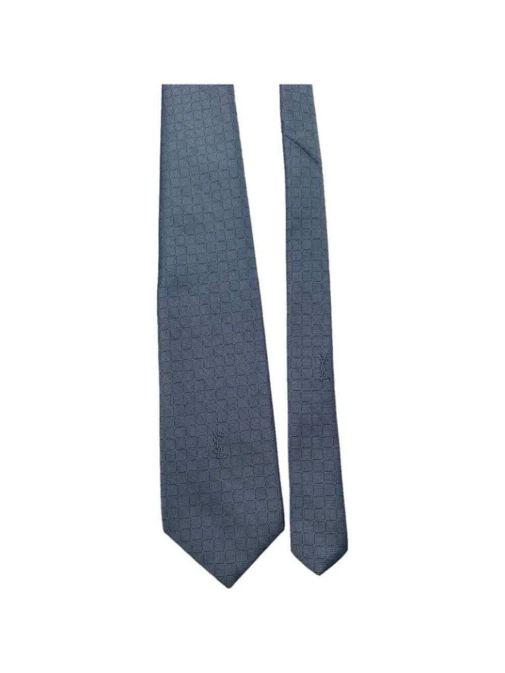 Yves Saint Laurent YSL Neck Tie Blue Logo Geometric Silk Italy W: 3.5” L: 56”